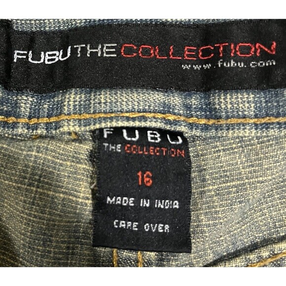 VTG Y2K FUBU The Collection Cargo Pants Blue Jean Denim Baggy Loose  Fit KIDS 16 - Picture 6 of 10